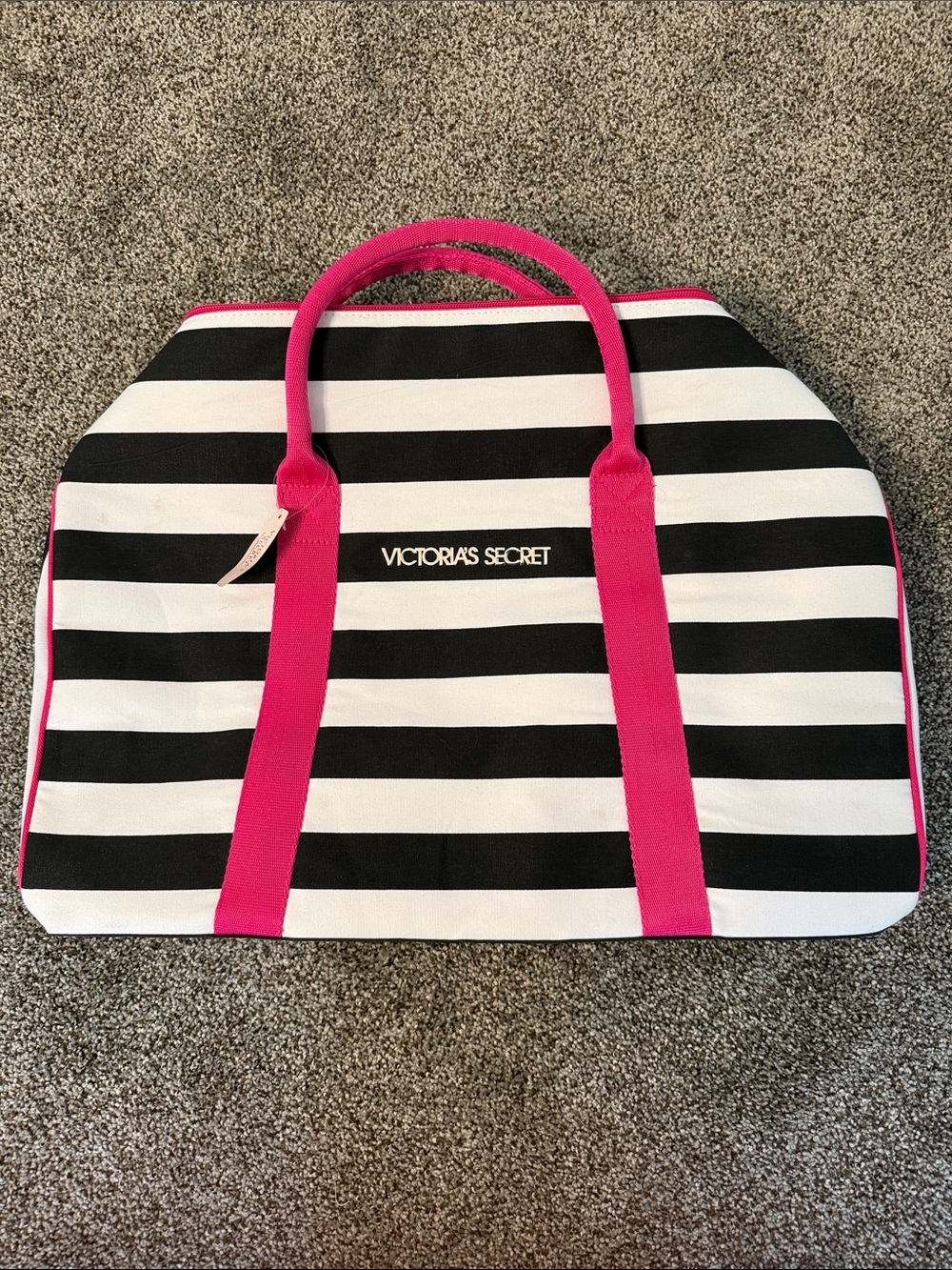 Victoria's Secret Black and White Striped Tote with Hot Pink Handles